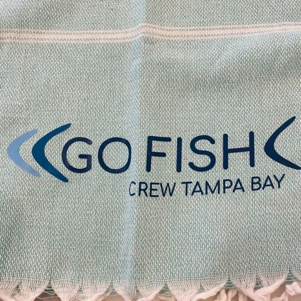 NWOT Crew Tampa Bay Go Fish Striped Fringe Turkish Beach Towel Blue 37